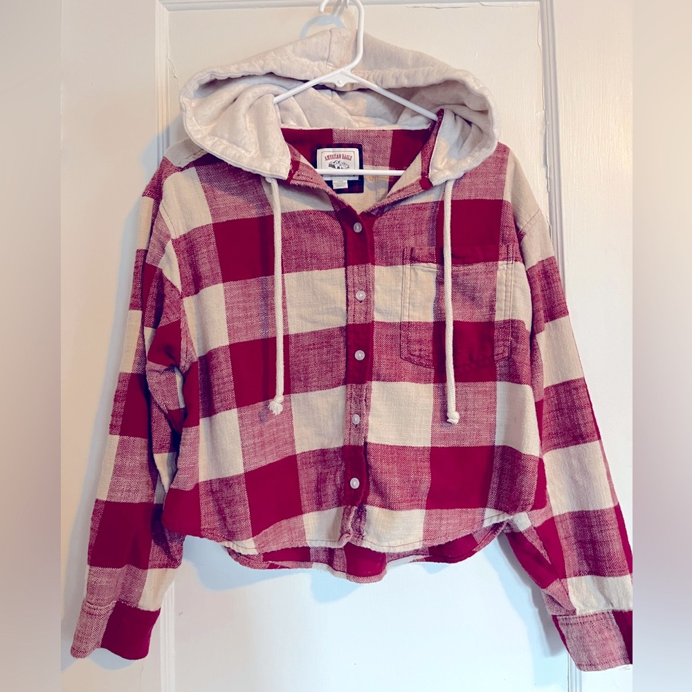 Red flannel crop hoodie Lg
